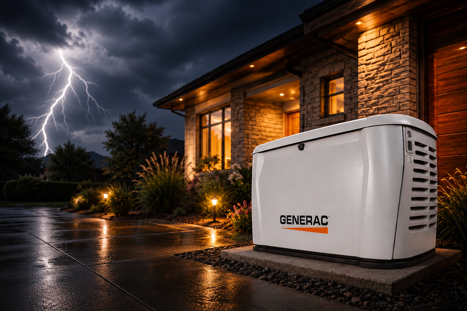 Standby generator installed beside a Texas home as a lightning storm approaches